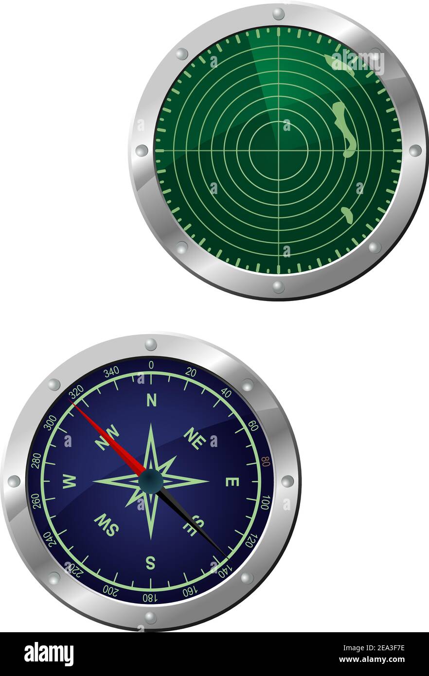 Submarine equipment - navigation compass and radar devices in icon style Stock Vector