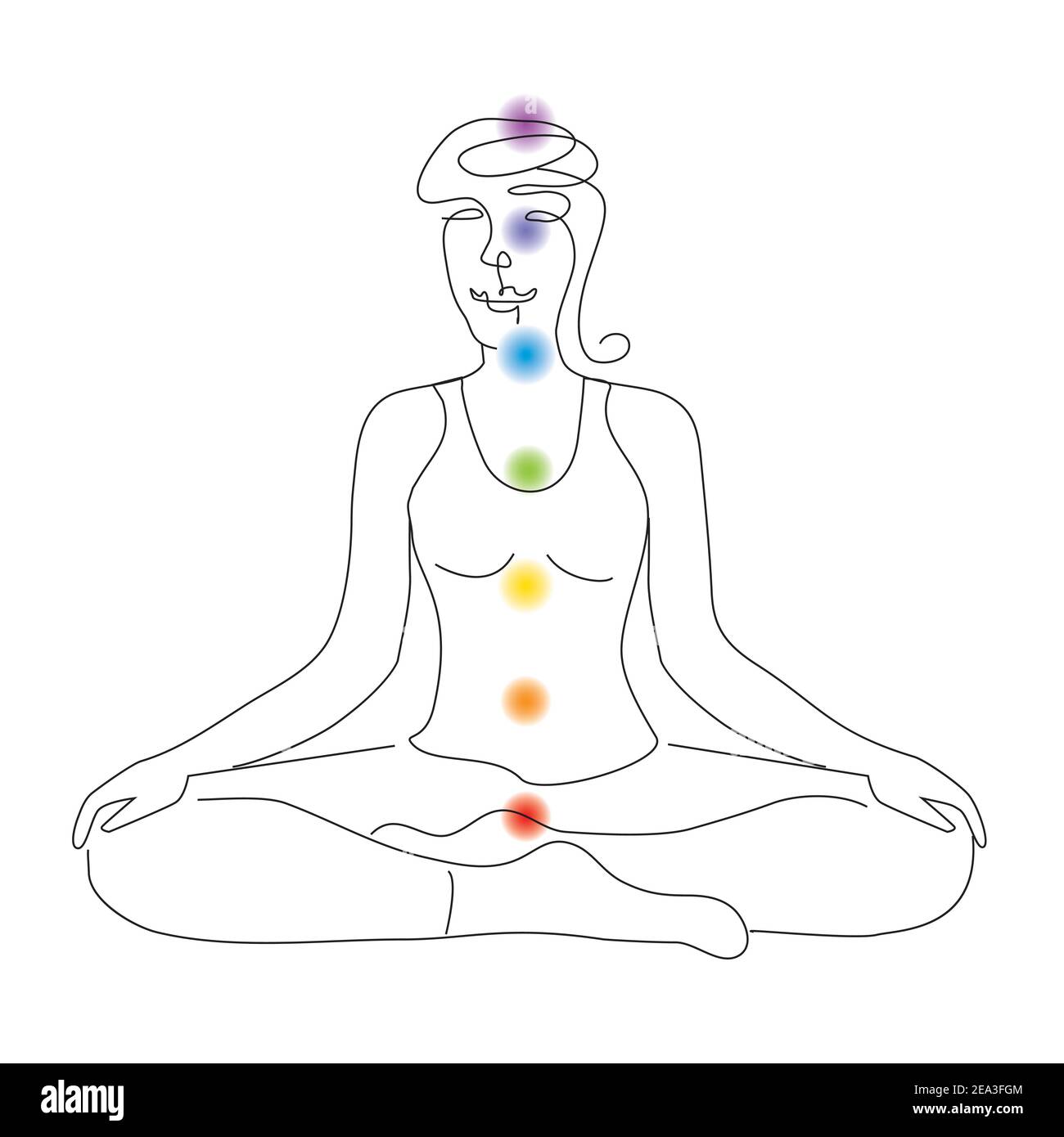 Seven chakras, meditation woman in the Lotus position. Stylized Illustration with continuous line drawing design. Vector available. Stock Vector