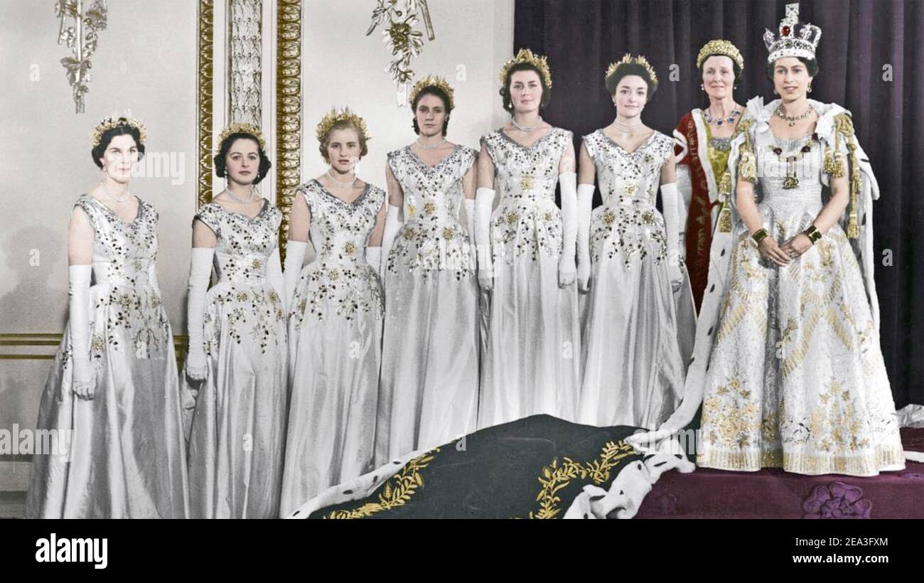CORONATION OF QUEEN ELIZABETH II  2 June 1953. The Queen with bridesmaids at Buckingham Palace Stock Photo