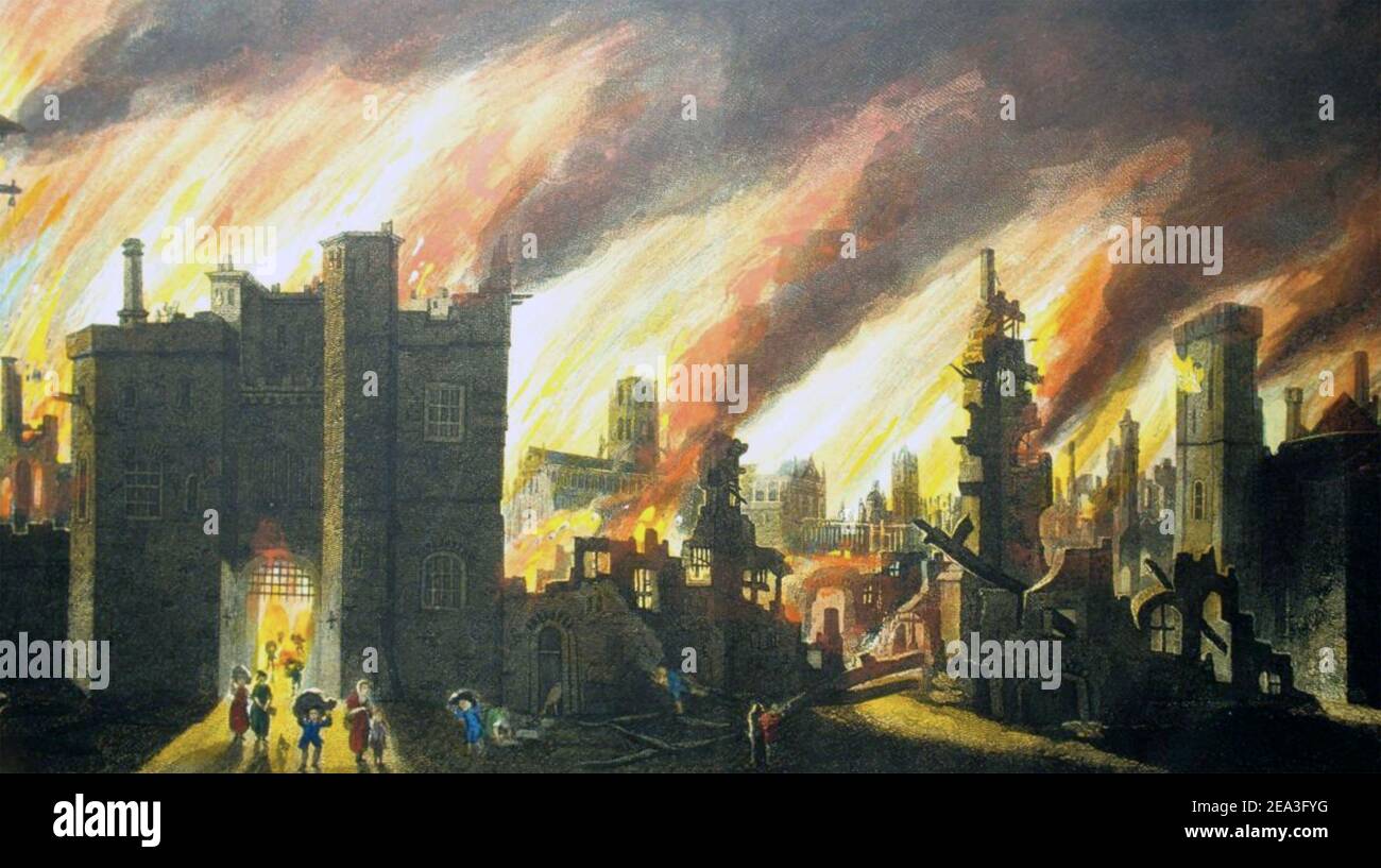 GREAT FIRE OF LONDON September 1666 by an anonymous artist with Ludgate in flames at left and St Paul's Cathedral with square tower behind. Stock Photo