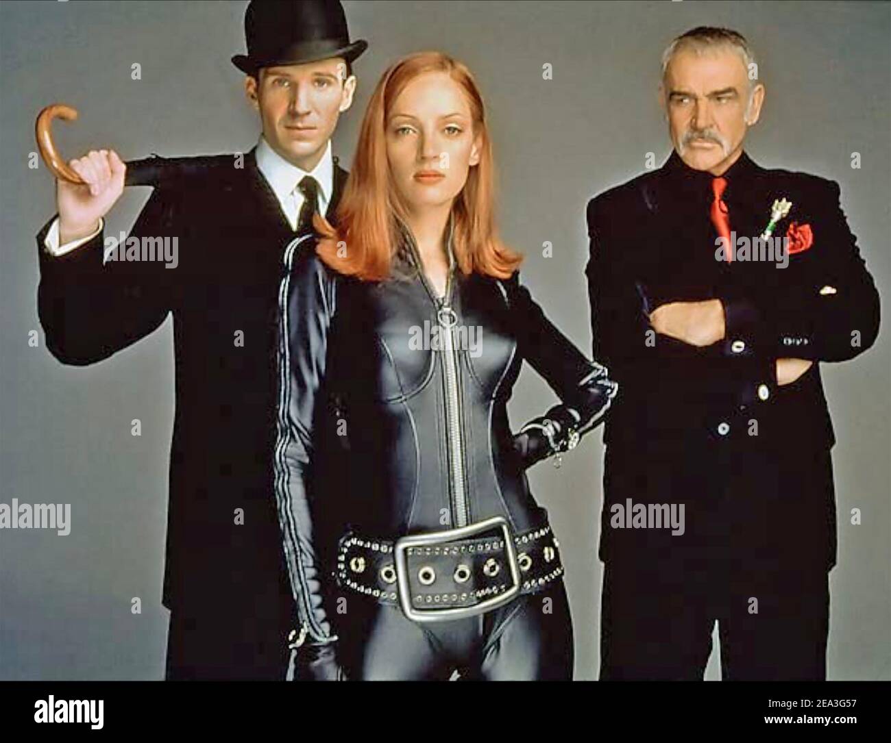 THE AVENGERS 1998 Warner Bros film with from left: Ralph Fiennes as John Steed, Uma Thurman as Emma Peel and Sean Connery as Sir August de Wynter  © Warner Bros. Stock Photo