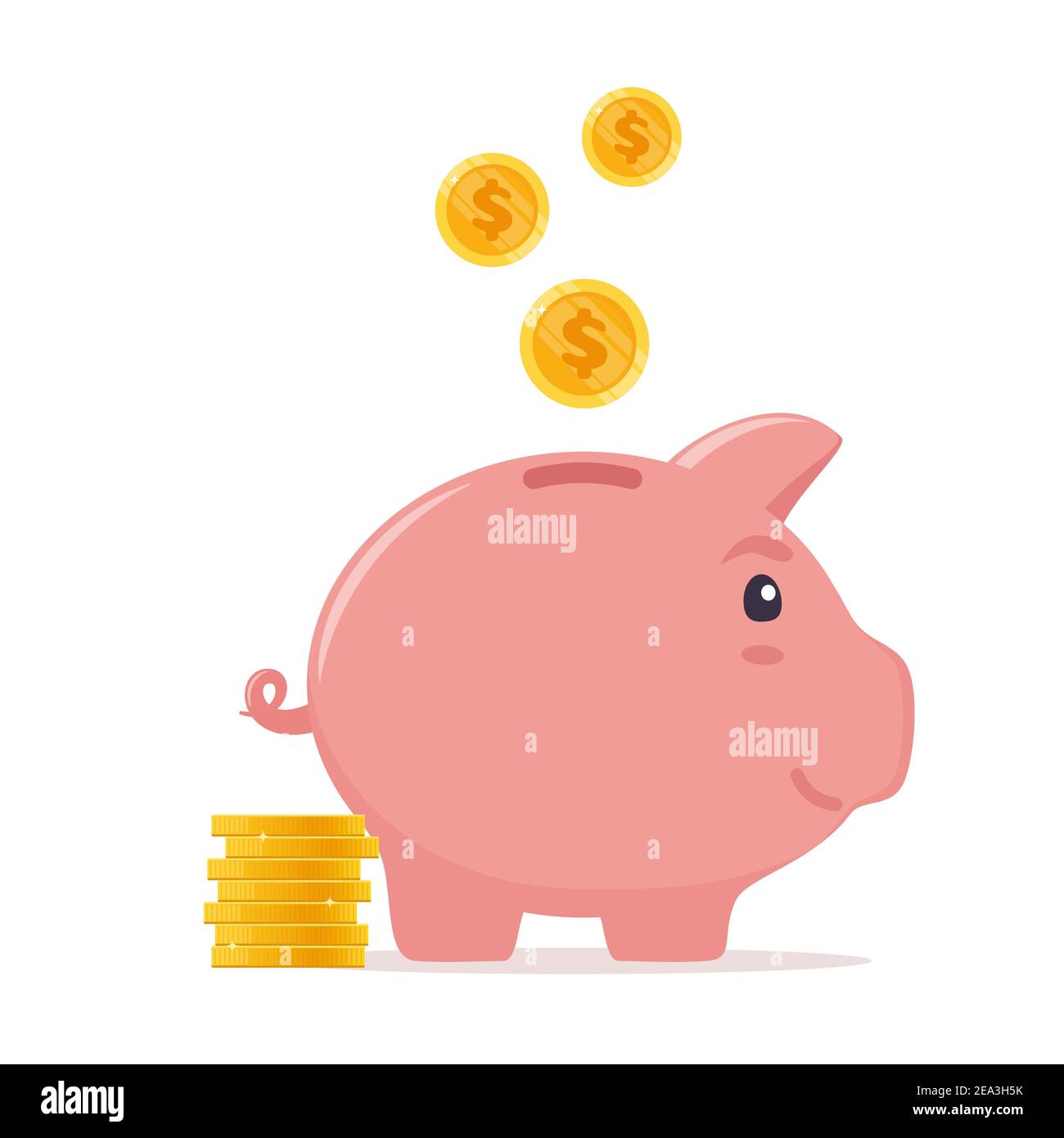 Piggy bank with coins. Money saving, economy, investment, banking or business services concept. Profit, income, earnings, budget fund Vector illustrat Stock Vector