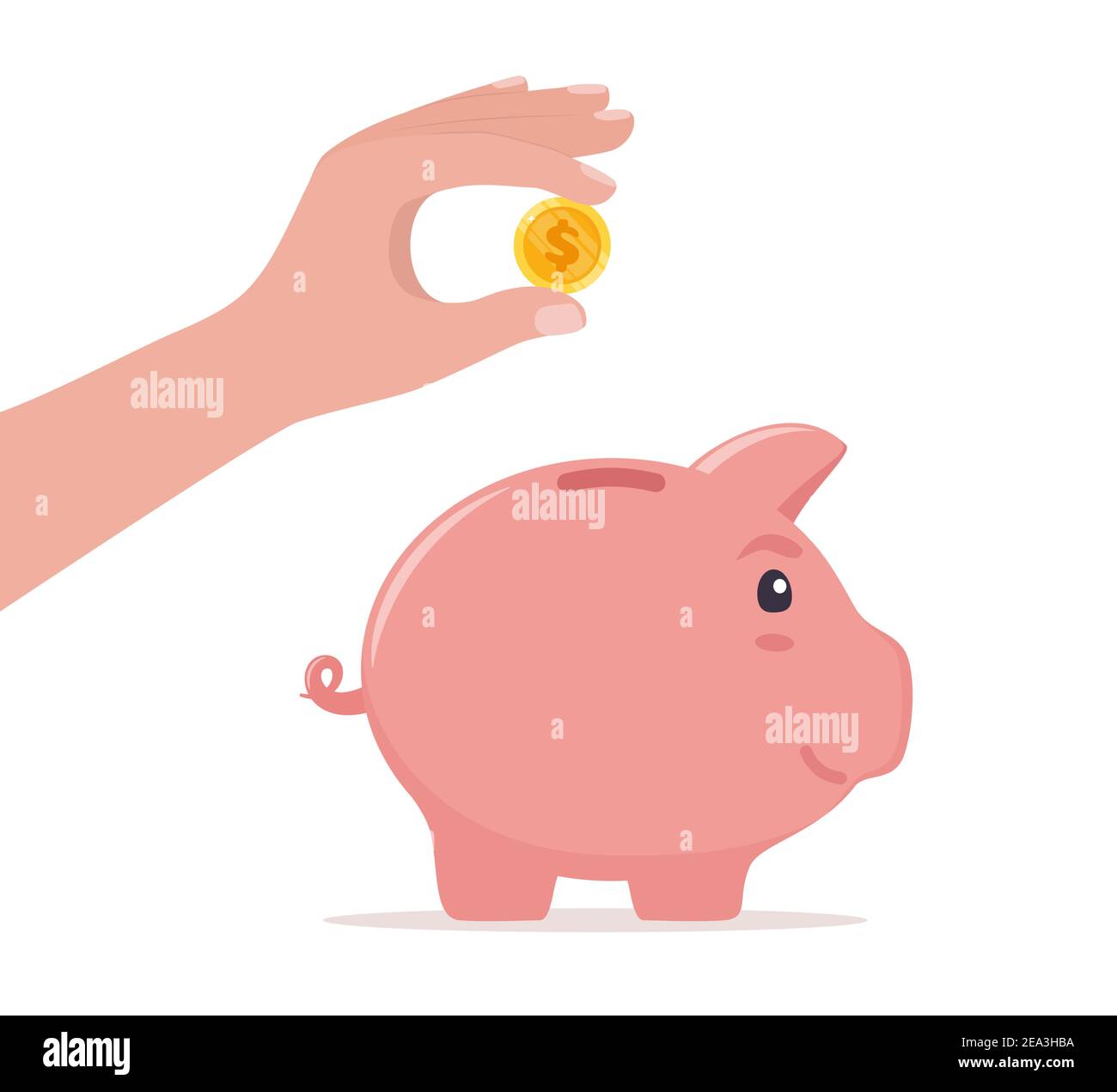 Human hand drops coin into piggy bank. Money saving, economy, investment, banking or business services concept. Profit, income, earnings, budget, fund Stock Vector