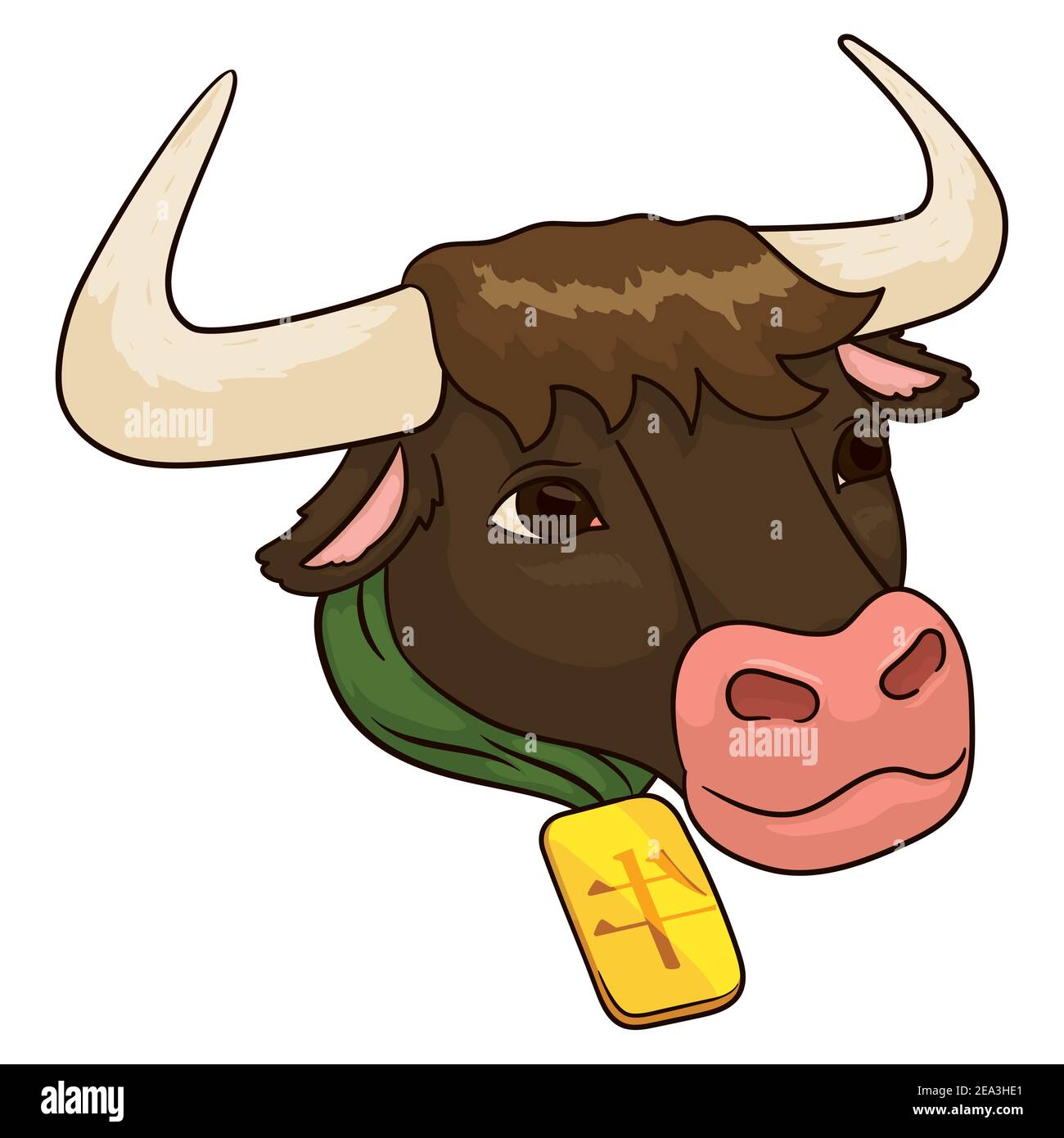 Bullock head wearing a green kerchief and golden medal with Chinese kanji meaning 'ox'. Stock Vector