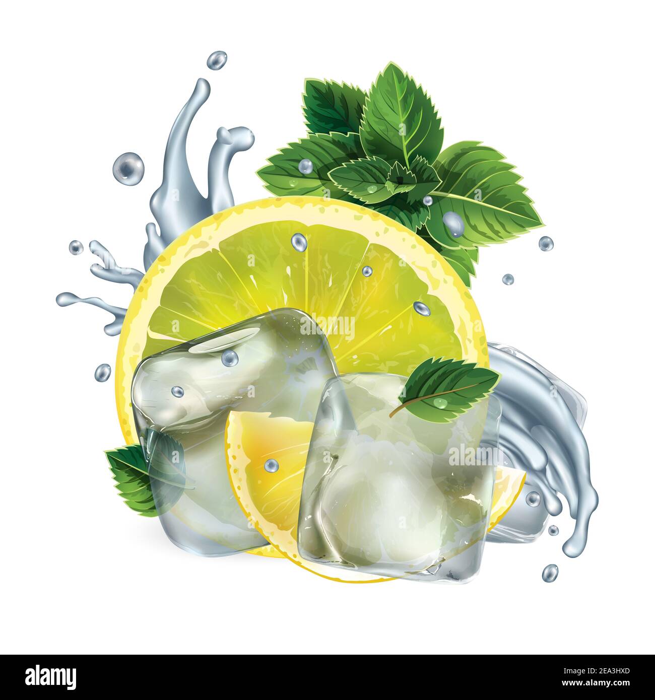 Lemon slices, mint leaves and water splash with ice cubes Stock Photo