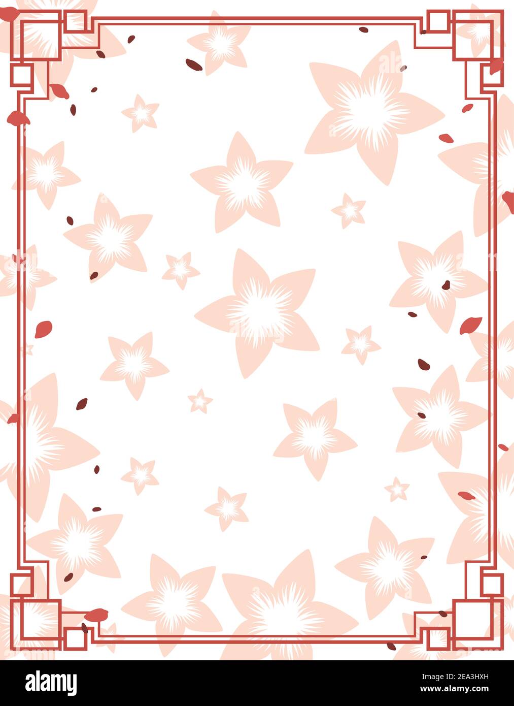 Template with frame in Chinese style, pink cherry flowers silhouettes and petals shower, over white background. Stock Vector
