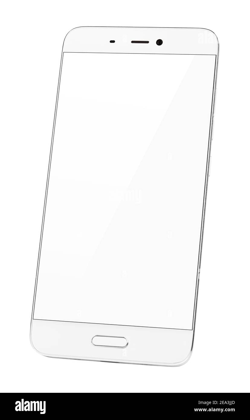 Modern white smartphone with empty white screen isolated on white background. Smart phone with clipping path Stock Photo