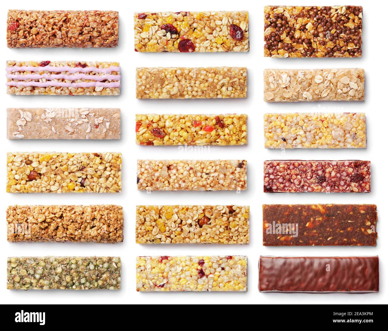 Top view of various healthy granola bars (muesli or cereal bar). Set of protein bar isolated on white background Stock Photo