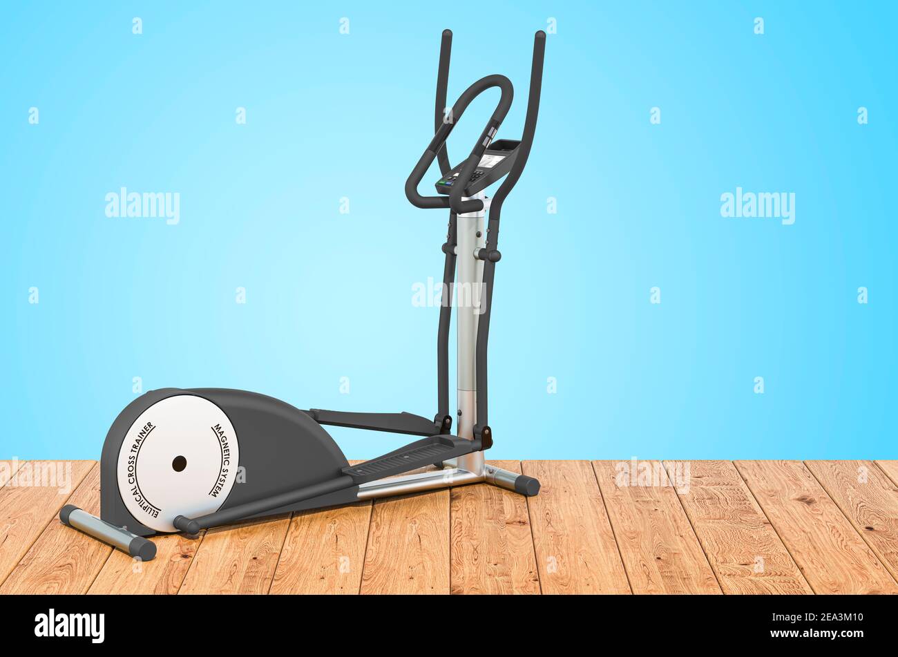 Elliptical trainer or cross-trainer on the wooden planks, 3D rendering Stock Photo