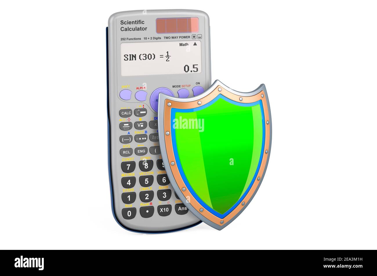 Scientific calculator with shield, 3D rendering isolated on white ...