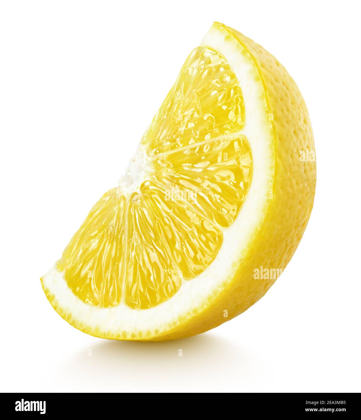 Ripe slice of yellow lemon citrus fruit stand isolated on white background with clipping path Stock Photo