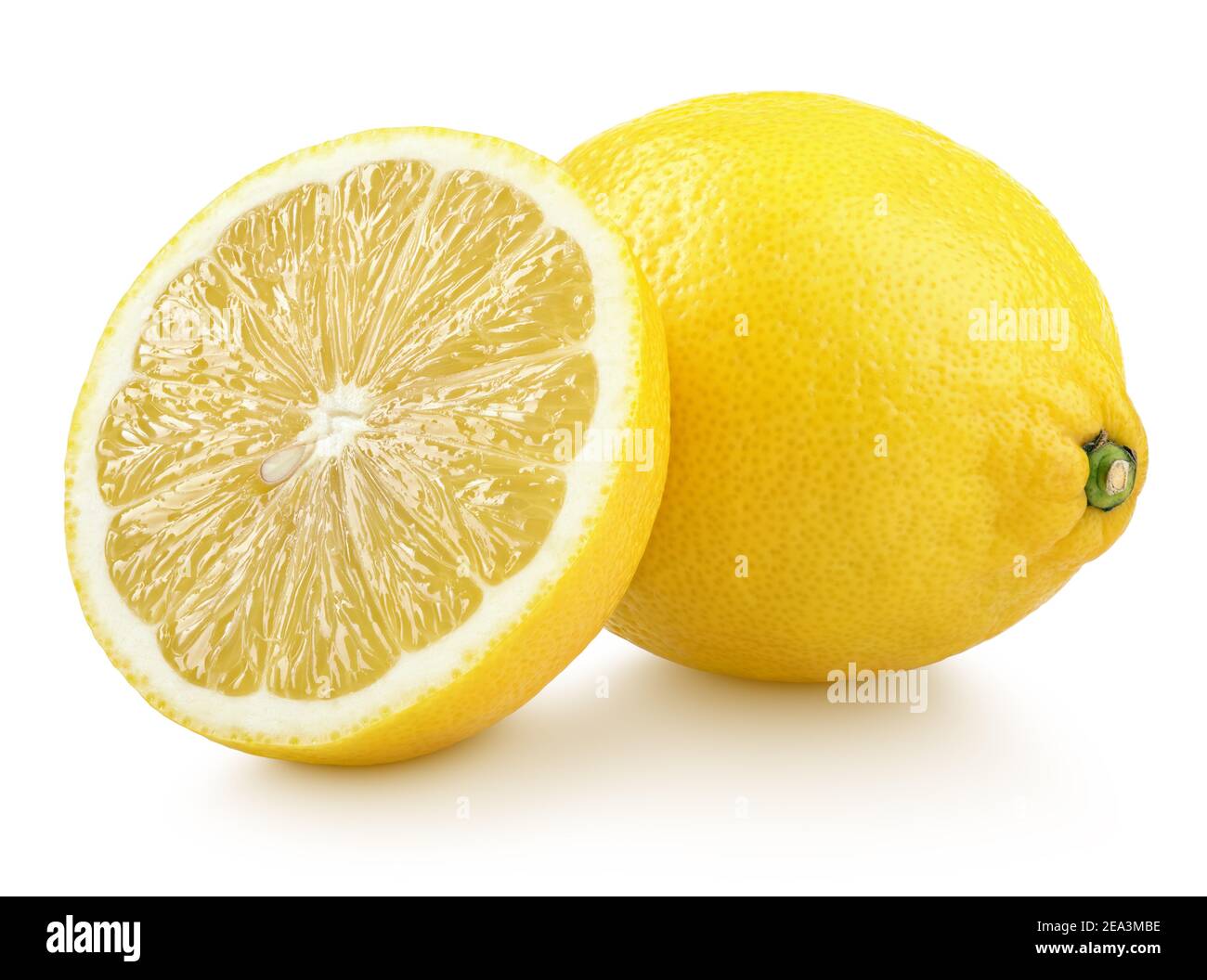 Group of ripe whole yellow lemon citrus fruit with lemon fruit half isolated on white background with clipping path Stock Photo