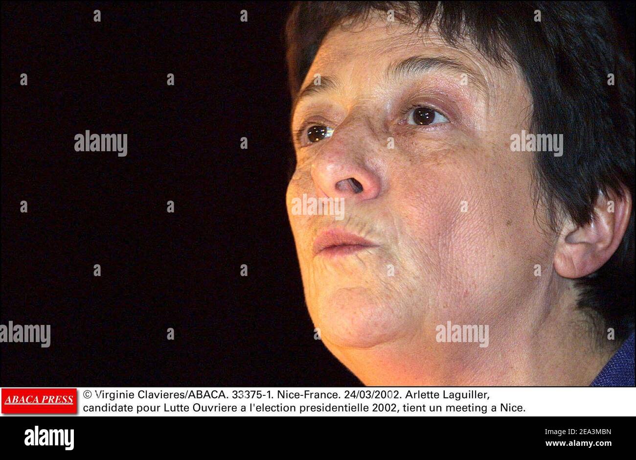 © Virginie Clavieres/ABACA. 33375-1. Nice-France. 24/03/2002. Arlette Laguiller, candidate pour Lutte Ouvriere a l'election presidentielle 2002, tient un meeting a Nice. Stock Photo