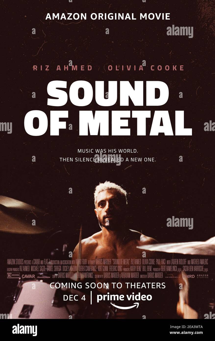 Sound of Metal (2019) directed by Darius Marder and starring Riz Ahmed, Olivia Cooke and Paul Raci . A heavy-metal drummer's life is thrown into turmoil when he begins to suffer from hearing loss. Stock Photo