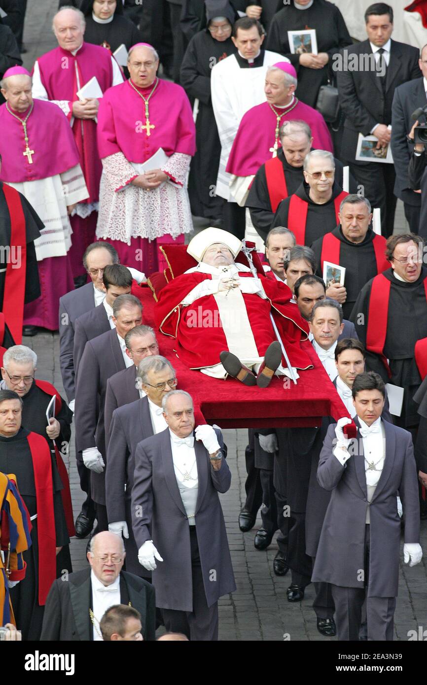 Pope John Paul II's body during its journey from the Apostolic Palace to  St. Peter's Basilica for public viewing in Rome, Italy, on Monday April 4,  2005, four days before his remains