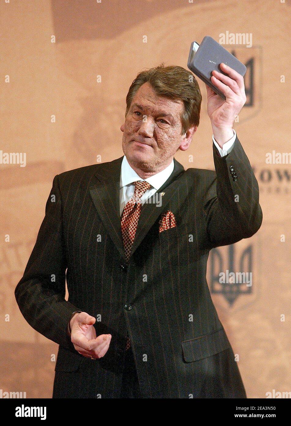 Ukrainian President Viktor Yushchenko on Monday April 04 2005, address and receives the Georgetown University President's Medal. at the Georgetown University in Washington during his visit to the United States. (Pictured:Viktor Yushchenko) Photo by Olivier Douliery/ABACA Stock Photo