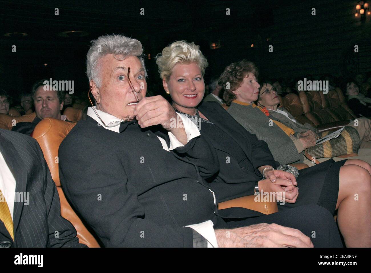 U.S. actor Tony Curtis and his wife Jill Vandenberg attend the closing ceremony of the 13th 'Jules Verne Film Festival' held at the Grand Rex cinema in Paris, France on April 10, 2005. The 2005 festival's edition commemorates the 100th anniversary of French science fiction author Jules Verne's death. Photo by Benoit Pinguet/ABACA. Stock Photo