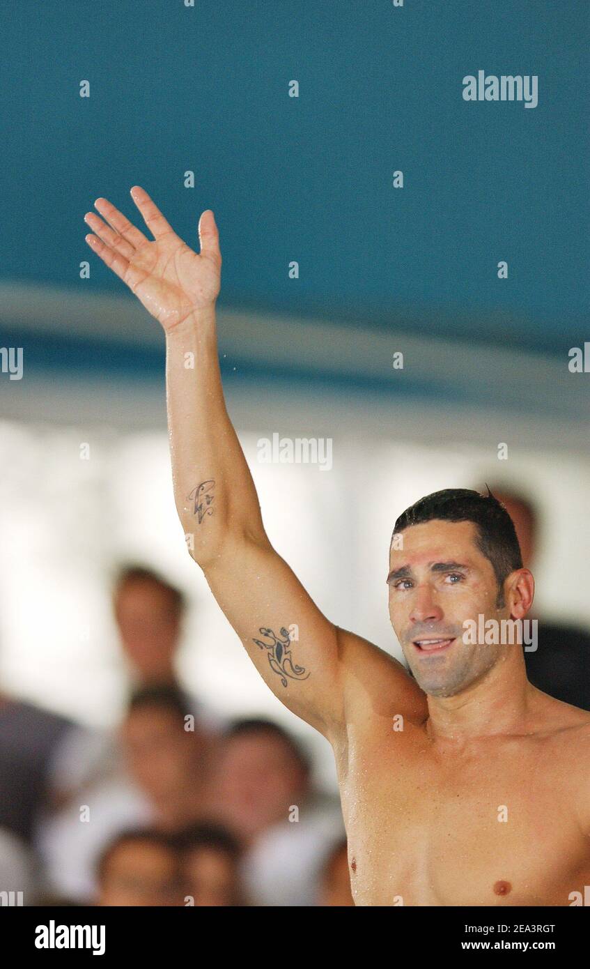 Last official competition of the french swimmer Franck Esposito (200 m butterfly men) during the French swimming championships, in Nancy, on April 13, 2005. Photo by Nicolas Gouhier/Cameleon/ABACA. Stock Photo