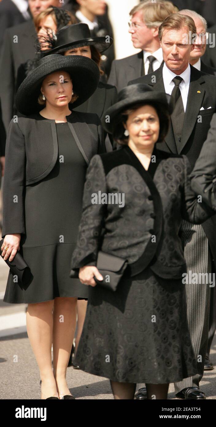 Grand Duke Henri of Luxemburg and his wife Grande Duchess Maria-Teresa arrive to Saint Nicolas Cathedral in Monaco, on April 15, 2005, to attend the funeral for the late Prince Rainier III of Monaco. Photo by Nebinger-Klein/ABACA. Stock Photo