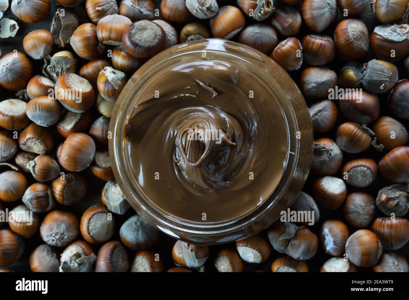 Vase with hazelnut praline paste and dry hazelnuts as background Stock Photo