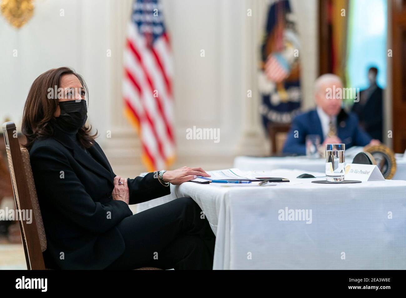 U.S President Joe Biden and Vice President Kamala Harris during a briefing on the economy in the State Dining Room of the White House January 22, 2021 in Washington, D.C. Stock Photo