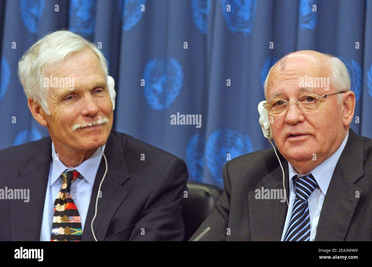 Media mogul Ted Turner (left) and former USSR President Mikhail Gorbachev (right) announced Ted Turner as the recipient of the 2005 Alan Cranston Peace Award (to be presented by Gorbachev) during a news conference held at the United Nations headquarters in New York, on Wednesday April 20, 2005. Media mogul Ted Turner (left) and former USSR President Mikhail Gorbachev (right) announced Ted Turner as the recipient of the 2005 Alan Cranston Peace Award (to be presented by Gorbachev) during a news conference held at the United Nations headquarters in New York, on Wednesday April 20, 2005. Photo by Stock Photo