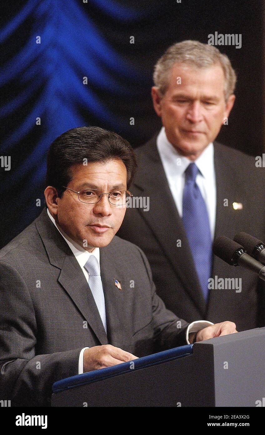 U.S. President George W. Bush and Attorney General Alberto Gonzales speak to the Hispanic Chamber of Commerce, at the Ronald Reagan Building in Washington, D.C.,on April 20, 2005. Photo by Olivier Douliery/ABACA. Stock Photo