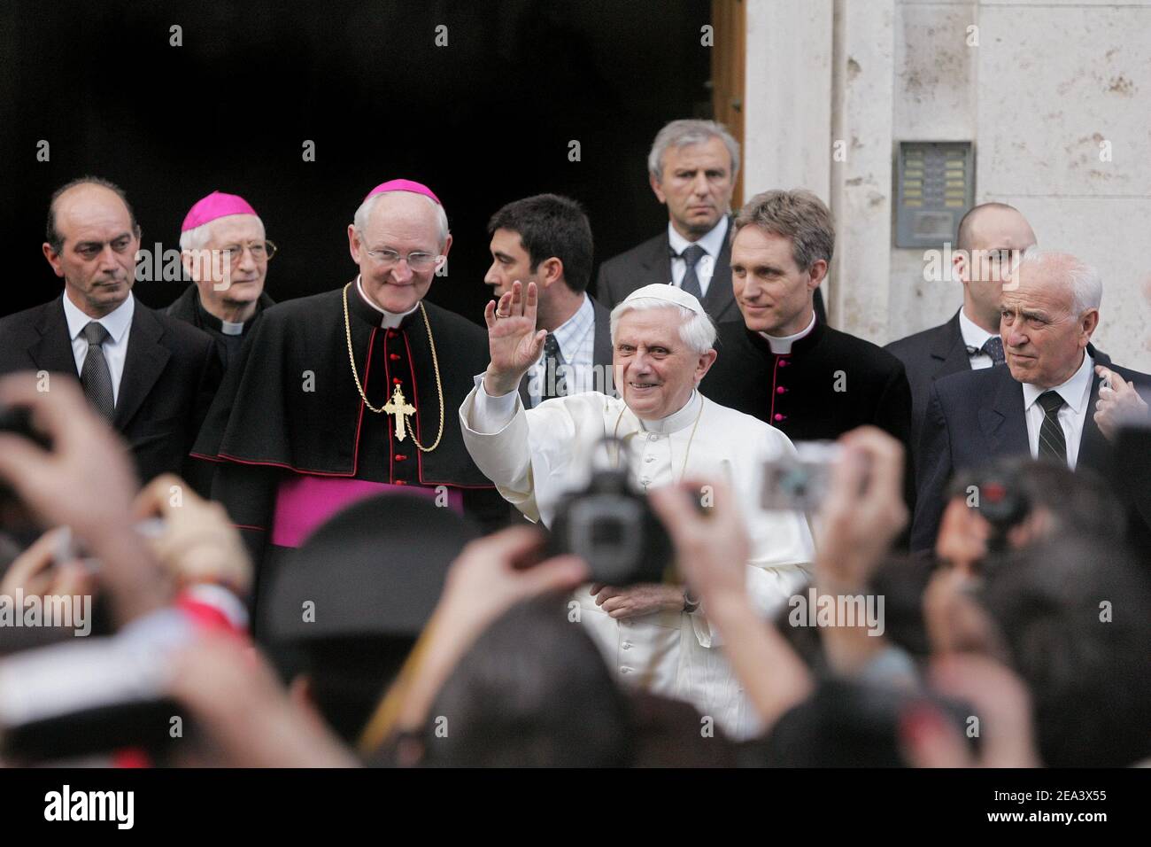 New Pope Benedict XVI waves to the crowd outside his residence in the ...
