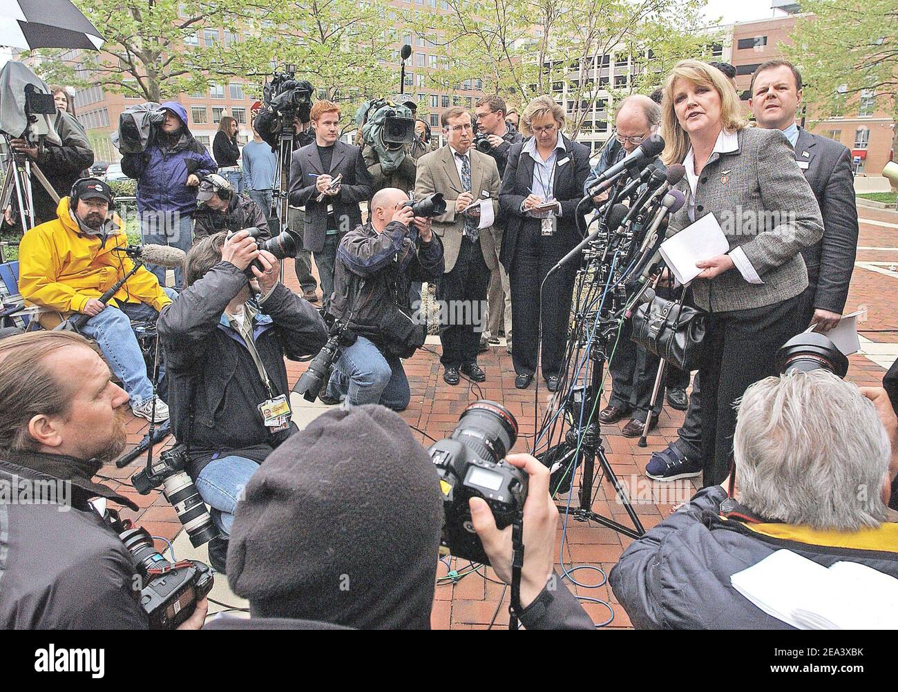 Debra Burlingane wife of Charles , pilot of flight 77 , who died on September attacks speaks to the press after the verdict of conspirator Zacarias Moussaoui who appears in court and pleads guilty to charges related to the 9/11 attacks in Alexandria, Virginia on April 22 2005. Moussaoui, a 36 year-old French citizen of Moroccan descent, has been charged with six counts of conspiracy in relation to the Sept. 11, 2001 hijackings that killed nearly 3,000 people. He is charged with conspiring with al Qaeda in the attacks. Four of the conspiracy counts against Moussaoui, carry the death penalty. Ph Stock Photo