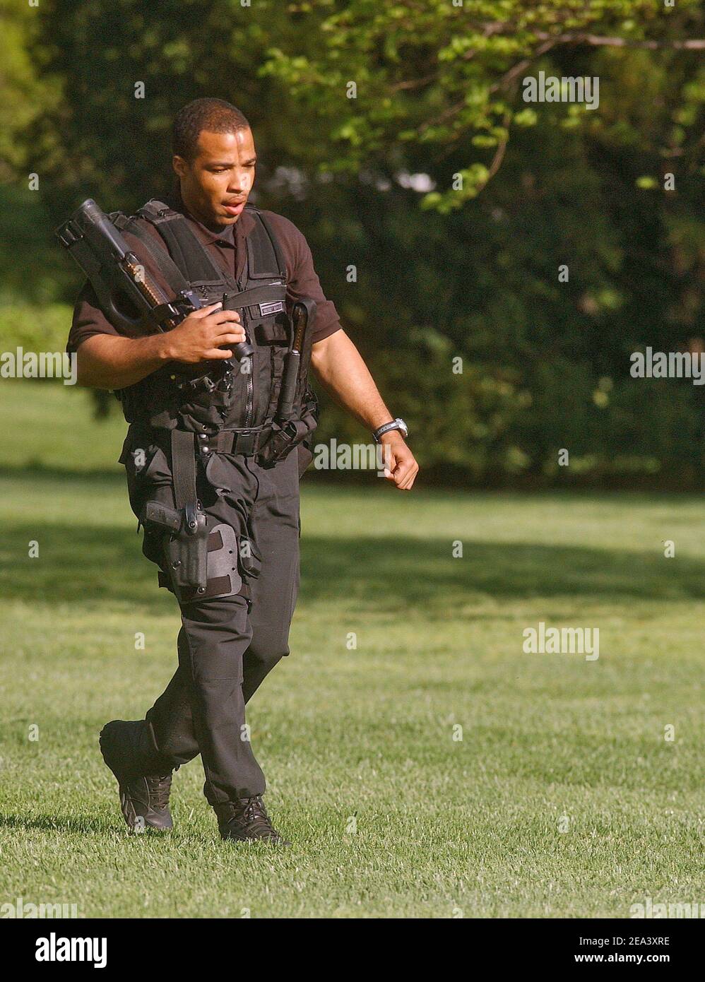 High security in the garden of the White House in Washington on Tuesday, April 26, 2005, in Washington, DC. Photo by Olivier Douliery/ABACA Stock Photo