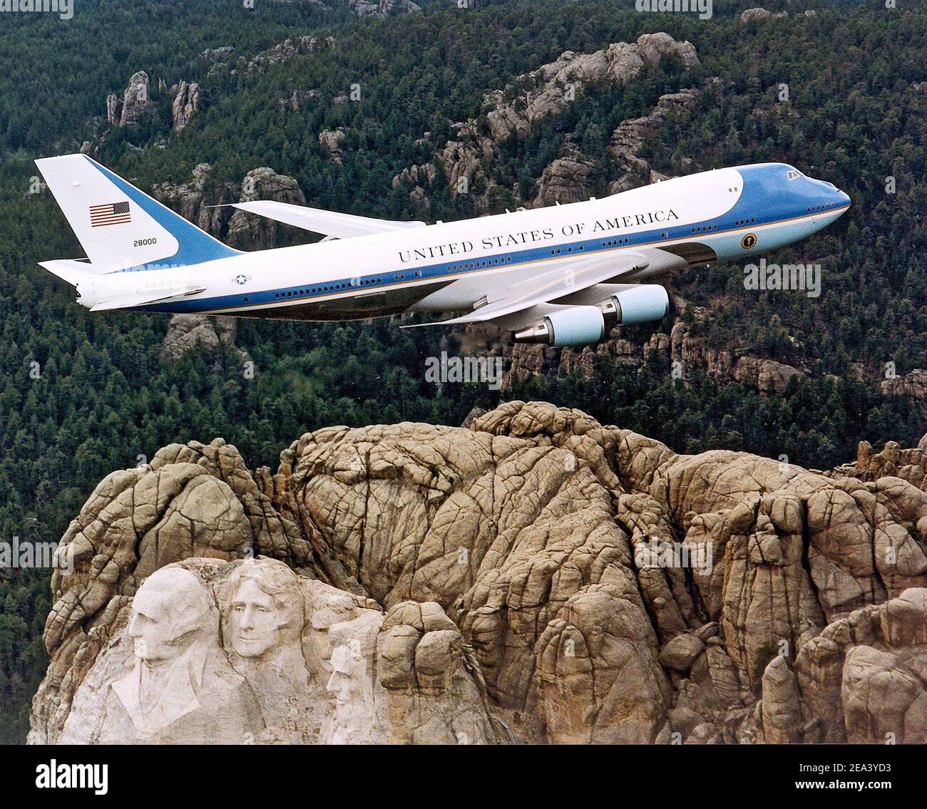 'Air Force One', the U.S. President's aircraft. Principal differences between the VC-25A and the standard Boeing 747, other than the number of passengers carried, are the electronic and communications equipment aboard Air Force One, its interior configuration and furnishings, self-contained baggage loader, front and after-stairs, and the capability for in-flight refueling. These aircrafts are flown by the presidential aircrew, maintained by the presidential maintenance branch, and are assigned to Air Mobility Command's 89th Airlift Wing, Andrews Air Force Base, Md. Photo by USAF/ABACA. Stock Photo