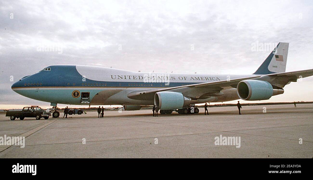 'Air Force One', the U.S. President's aircraft. Principal differences between the VC-25A and the standard Boeing 747, other than the number of passengers carried, are the electronic and communications equipment aboard Air Force One, its interior configuration and furnishings, self-contained baggage loader, front and after-stairs, and the capability for in-flight refueling. These aircrafts are flown by the presidential aircrew, maintained by the presidential maintenance branch, and are assigned to Air Mobility Command's 89th Airlift Wing, Andrews Air Force Base, Md. Photo by USAF/ABACA. Stock Photo