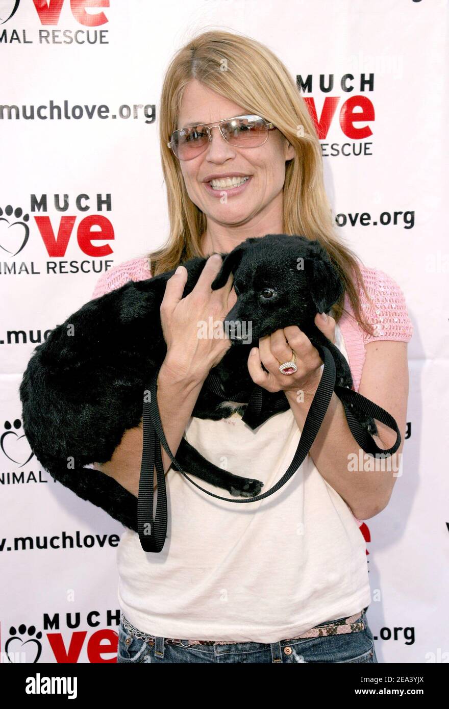 U.S. actress Linda Hamilton with orphan dog Paula attends the Much Love Animal Rescue Shop Til You Drool Benefit held at the 5th and Sunset Studios in West Los Angeles, CA, USA, on April 30, 2005. Photo by Amanda Parks/ABACA. Stock Photo