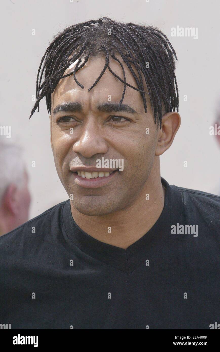 Former French soccer player Francis Loko participates in a soccer match between former French International players and former PSG players in honor of the late PSG player Jean-Pierre Dogliani at the Louis Raffegeau stadium in Le Pecq, near Paris, France, on April 30, 2005. Photo by Mehdi Taamallah/ABACA. Stock Photo