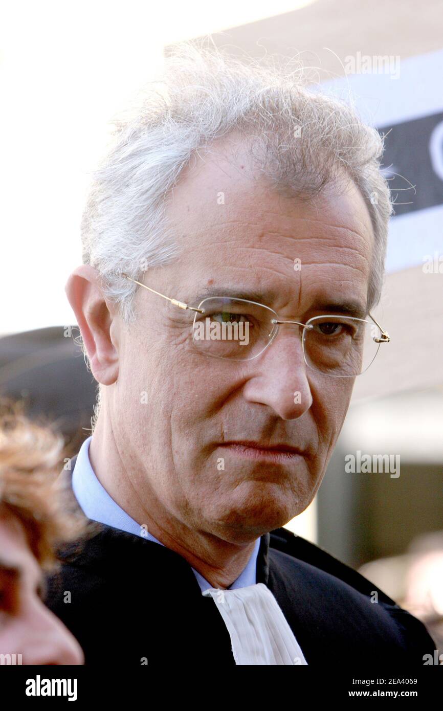 French lawyer Jean-Yves Leborgne demonstrates against the detention of  their colleague France Moulin accused of disclosure of the secrecy of  investigations, in Paris, France, on May 3, 2005. A lawyers' delegation has