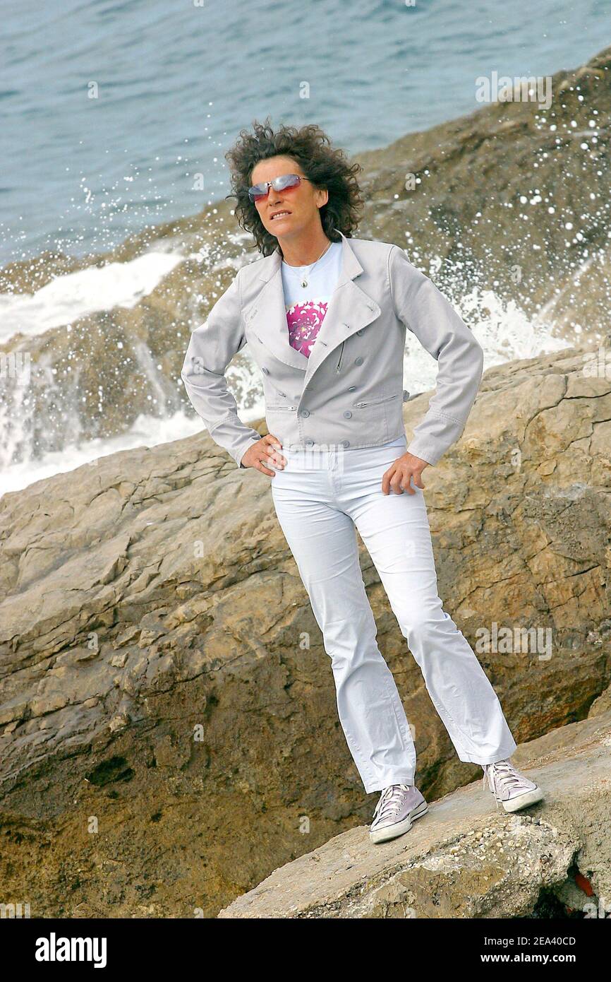 EXCLUSIVE. French skipper Florence Arthaud poses along the shoreline next to her home in Marseille's district 'La Madrague Montredon', southern France, on May 4, 2005. Photo by Gerald Holubowicz/ABACA. Stock Photo