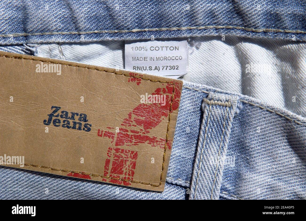 Made in Morocco' labels on 'Zara' jeans. European Union member states are  gearing up to press Brussels for emergency measures leading to a fast-track  application of limits on booming textile imports from