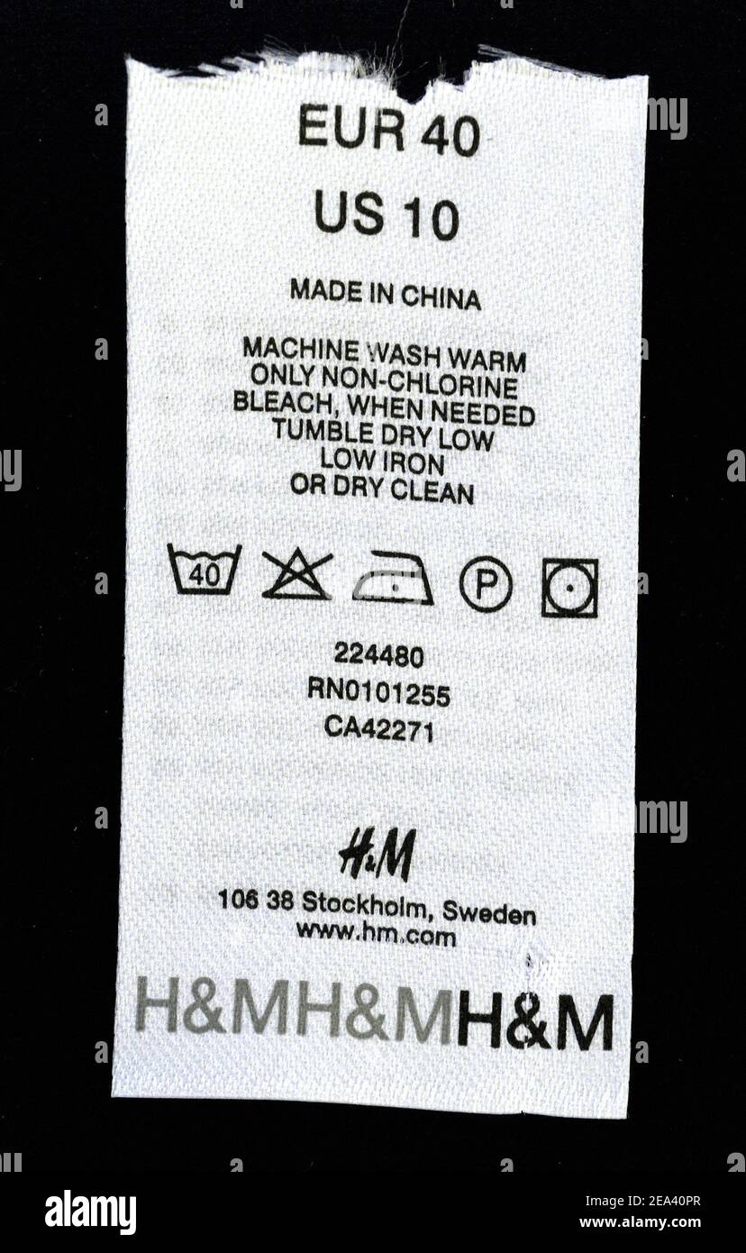Made in China' label on 'H&M' garments. European Union member states are  gearing up to press Brussels for emergency measures leading to a fast-track  application of limits on booming textile imports from