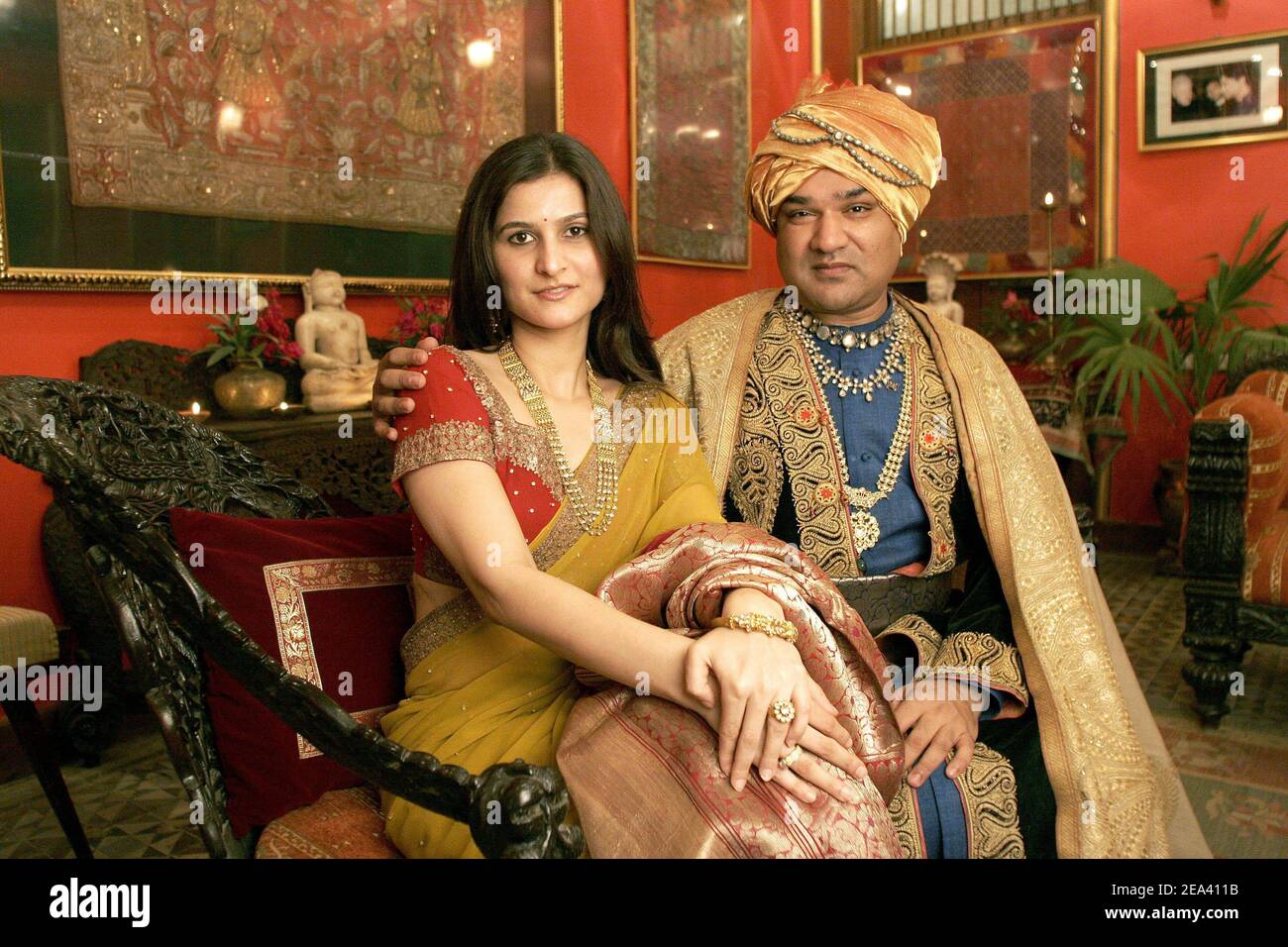 EXCLUSIVE. Umang Hutheesing, Lord of Ahmedabad, poses with his wife in his recently restored palace in Ahmedabad, Gujarat State, India, in March 2005. Photo by Alexis Orand/ABACA. Stock Photo