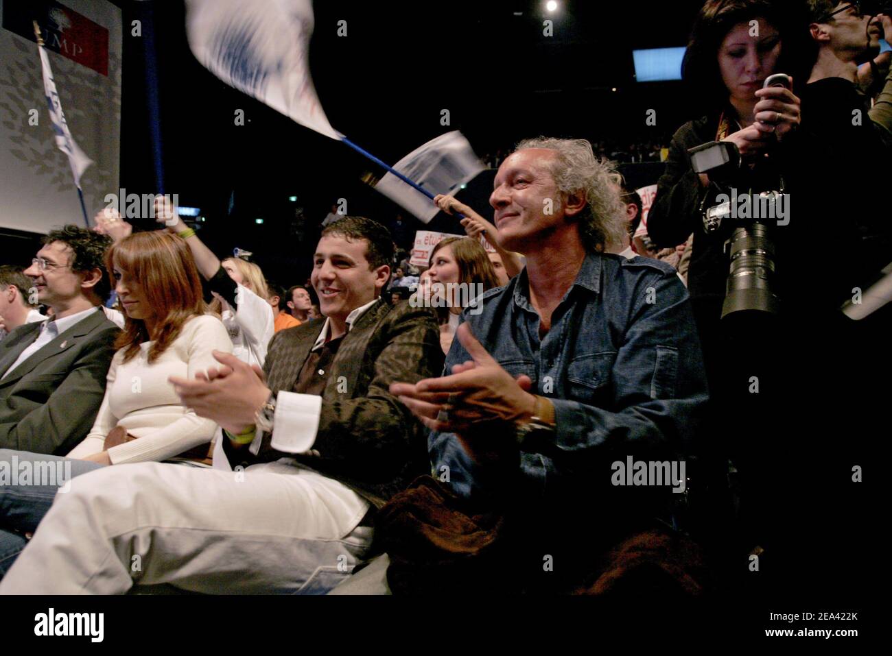 French singers Faudel and Didier Barbelivien attend a meeting of UMP party for the 'Yes' vote for the upcoming European Constitution referendum vote next May 29, at the Palais des Sports, in Paris, France, on May 12, 2005. Photo by Mousse/ABACA. Stock Photo