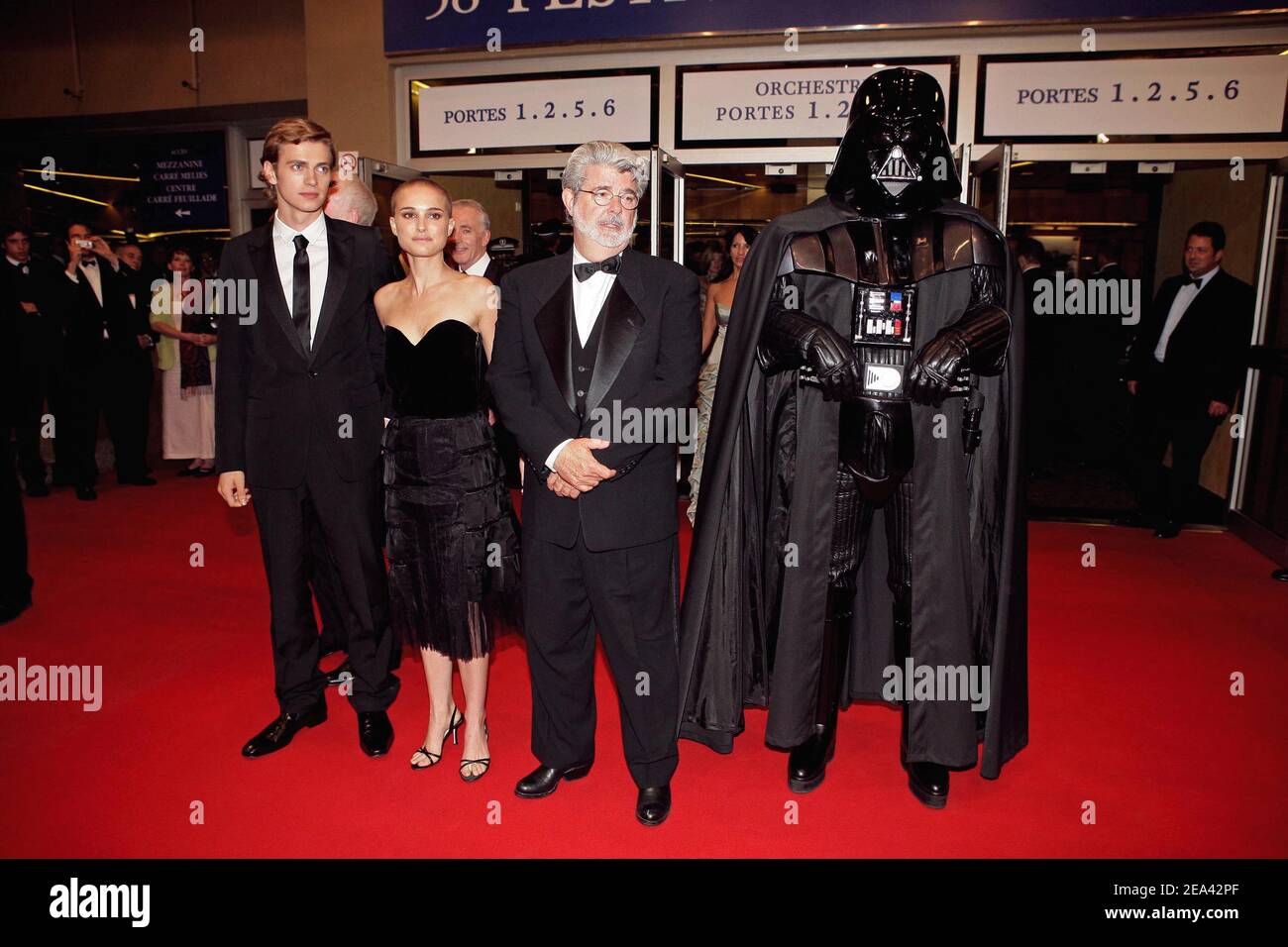 Cast members Hayden Christensen and Natalie Portman with director George Lucas and character Darth Vader at the end of George Lucas film 'Star Wars Episode 3 Revenge of the Sith' World Premiere presented out of competition at the 58th Cannes Film Festival in Cannes, France on May 15, 2005. Photo by Hahn-Nebinger-Klein/ABACA Stock Photo