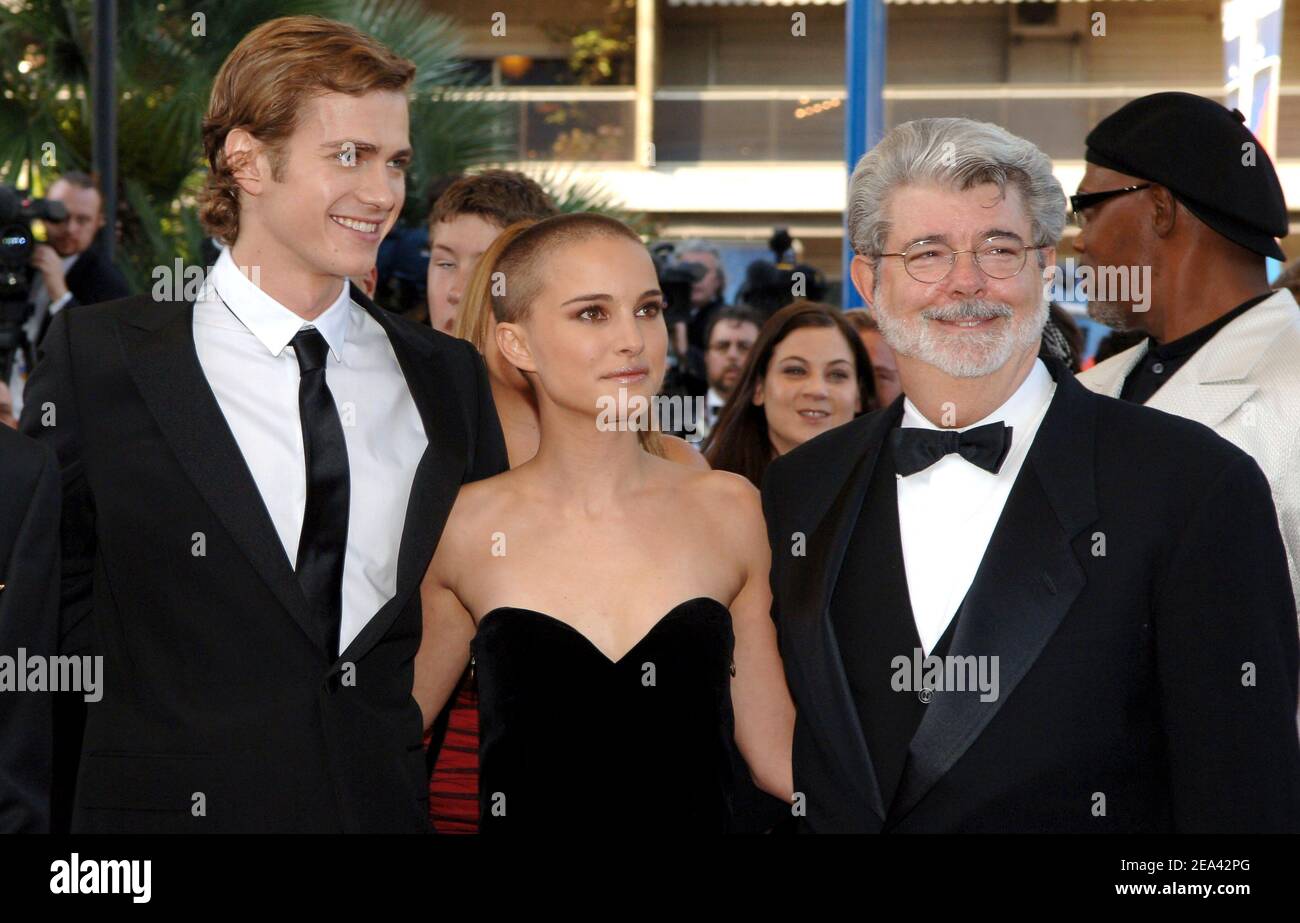 Cast members Hayden Christensen and Natalie Portman with director George  Lucas arrive for George Lucas film 'Star Wars Episode 3 Revenge of the Sith'  World Premiere presented out of competition at the
