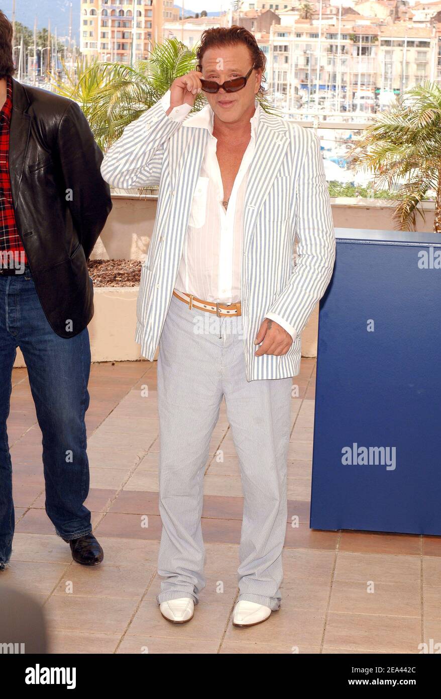 US actor Mickey Rourke poses during a photocall for US directors Frank Miller and Robert Rodriguez film 'Sin City' during the 58th International Cannes Film Festival, in Cannes, France, on May 18, 2005. Photo by Hahn-Klein-Nebinger/ABACA. Stock Photo