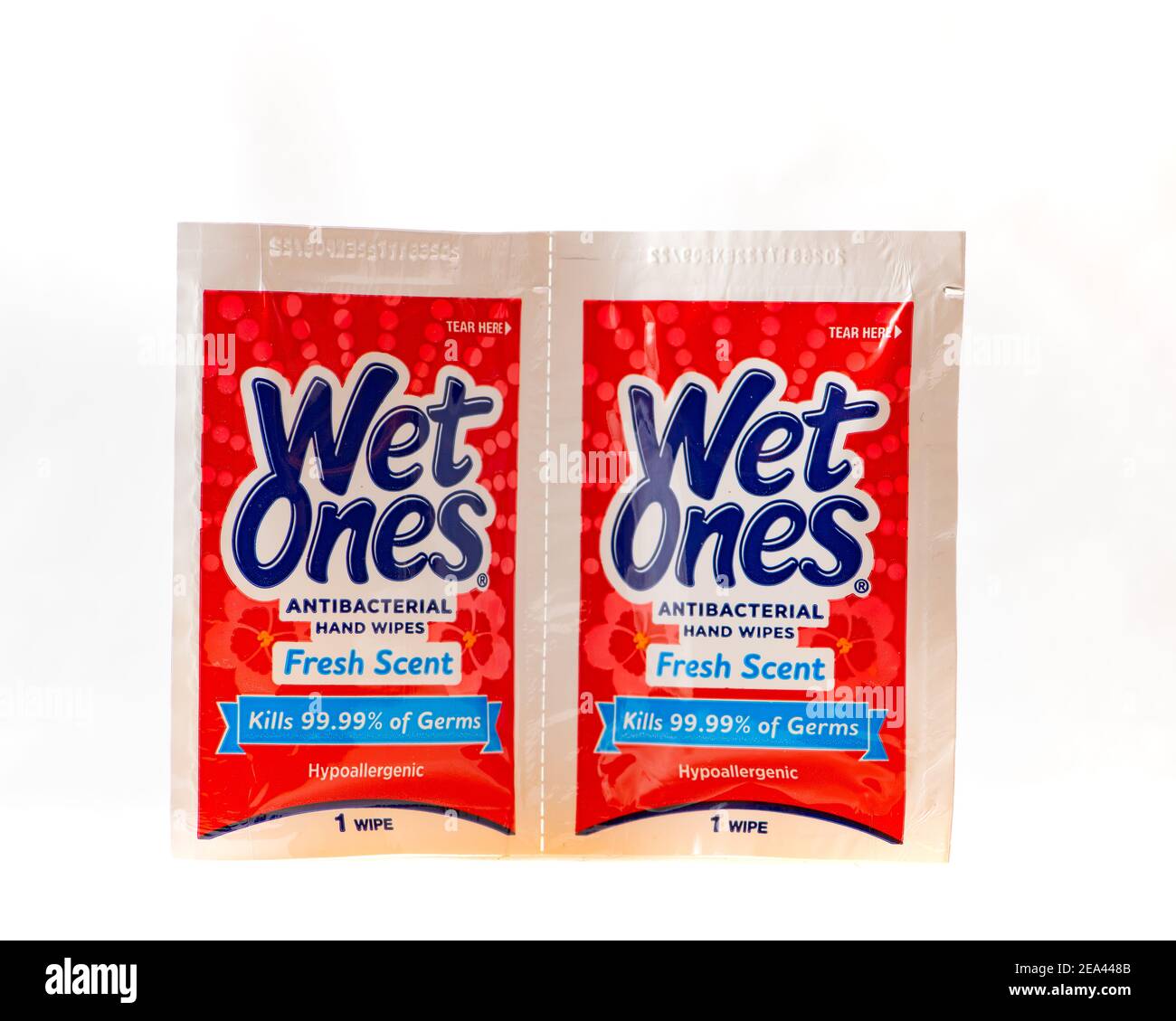 Two pocket size Wet Ones antibacterial hypoallergenic hand wipes singles, for killing 99.99% of germs. Stock Photo