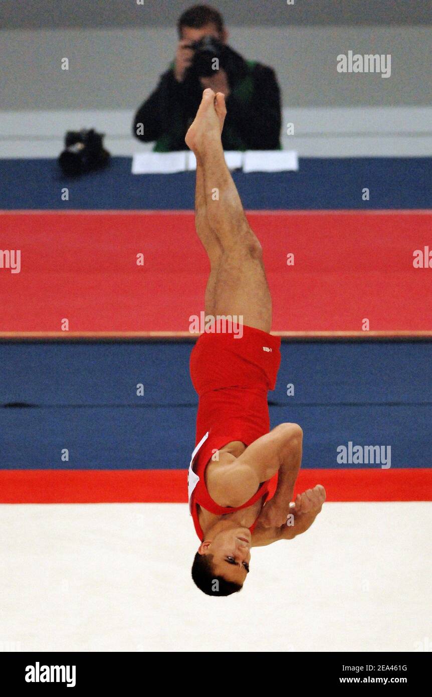Marian Dragulescu of Romania competes and performs on floor exercise during the 14th 'Internationaux de France' of gymnastics, he take the first place, at the POPB stadium, in Paris, France, on May 21, 2005. Photo by Nicolas Gouhier/CAMELEON/ABACA. Stock Photo