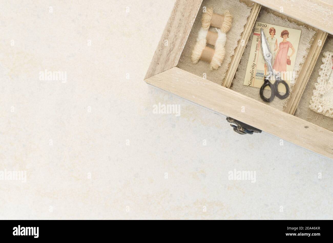 Top View Storage Box A top view of a storage box for embroidery materials Stock Photo - Alamy