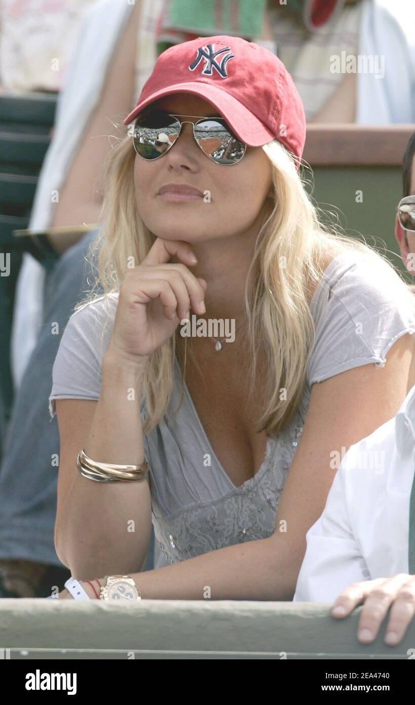 French TV presenter Sophie Favier attends the match between French players Amelie Mauresmo and Alize Cornet in the second round of the French Open at the Roland Garros stadium in Paris, France, on May 26, 2005. Photo by Gorassini-Zabulon/ABACA. Stock Photo