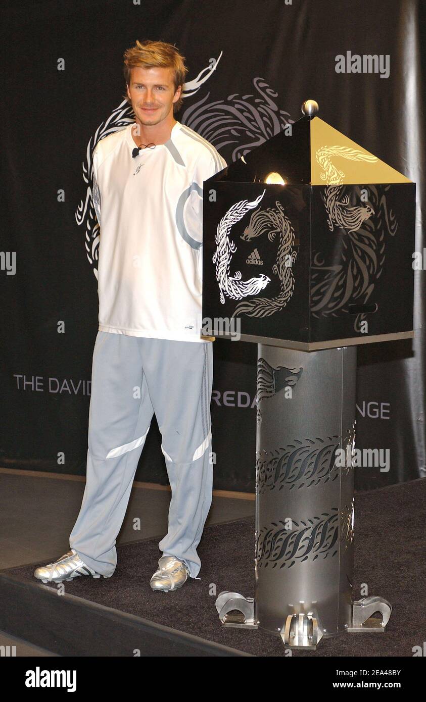 British soccer superstar David Beckham unveils his new Adidas Predator  Pulse soccer boot and Predator product line during a press conference held  at the Adidas Sport Performance store in New York, on