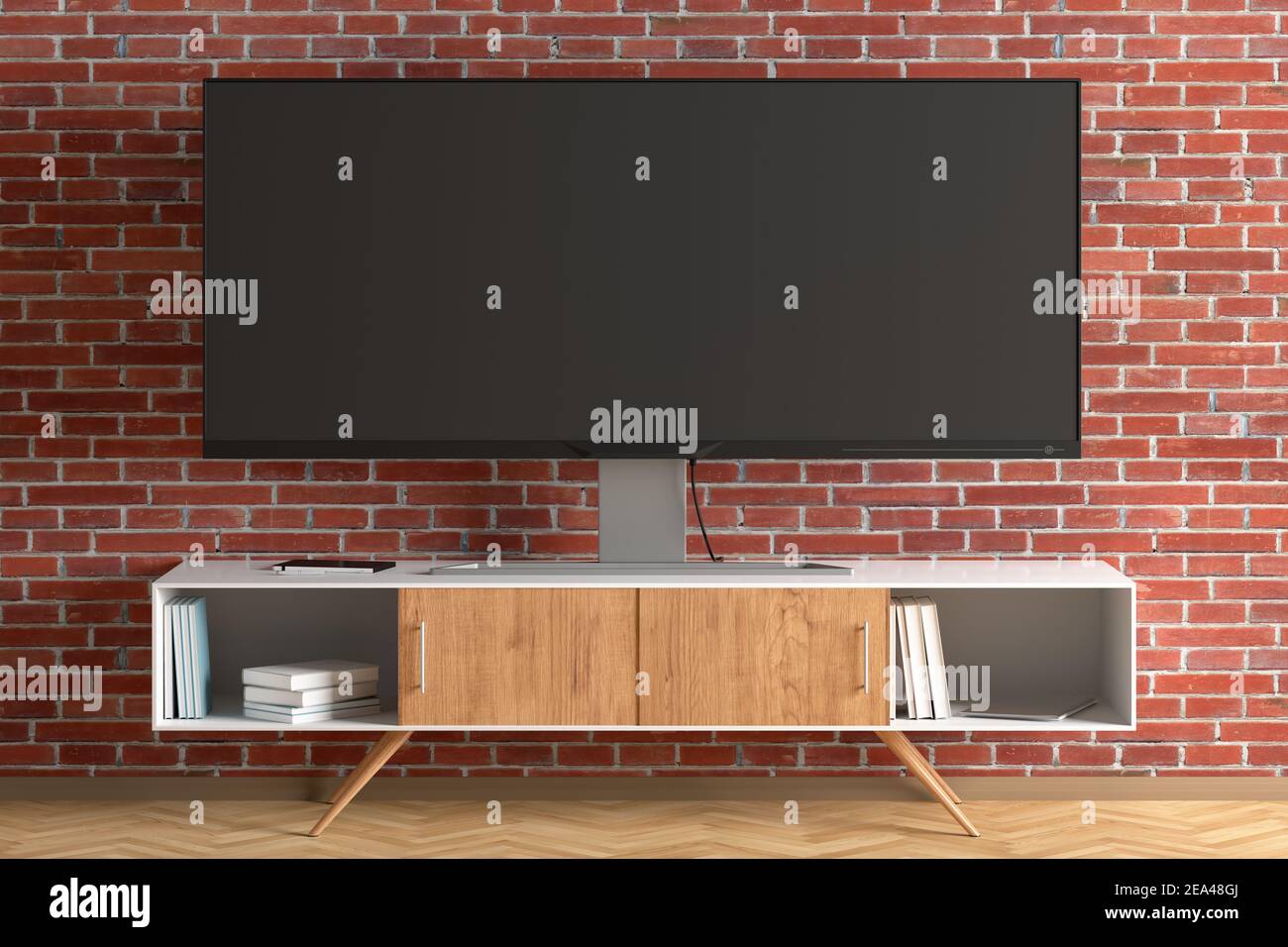 TV wide screen on the TV stand near brick wall. Front view. 3d illustration  Stock Photo - Alamy