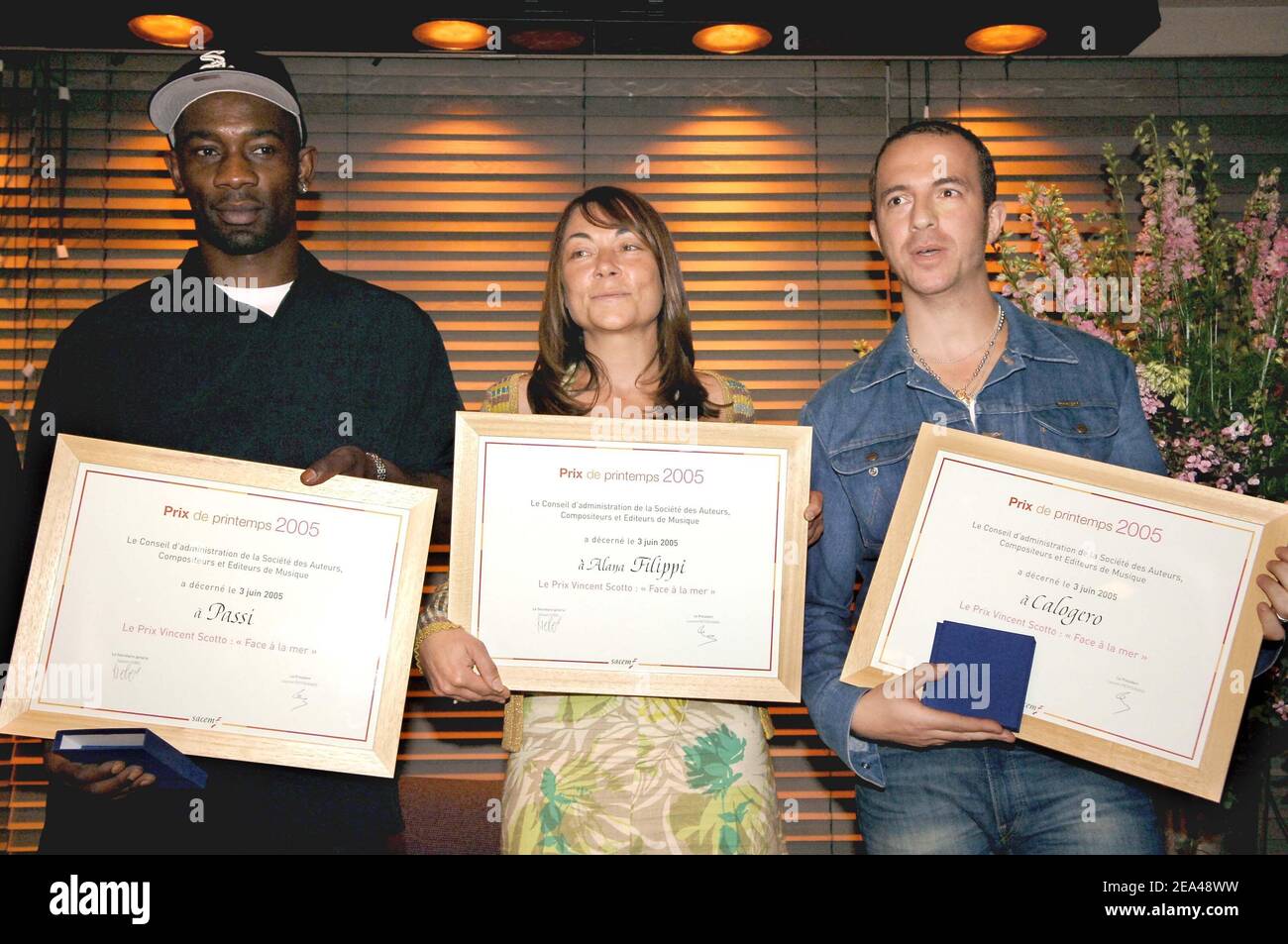 Singers and mucisians Passi, Alana Filippi and Calogero receive the Prix de Printemps 2005 of the Sacem during a ceremony held at the Sacem headquarters in Boulogne-Billancourt on June 3, 2005. Photo by Bruno Klein/ABACA. Stock Photo